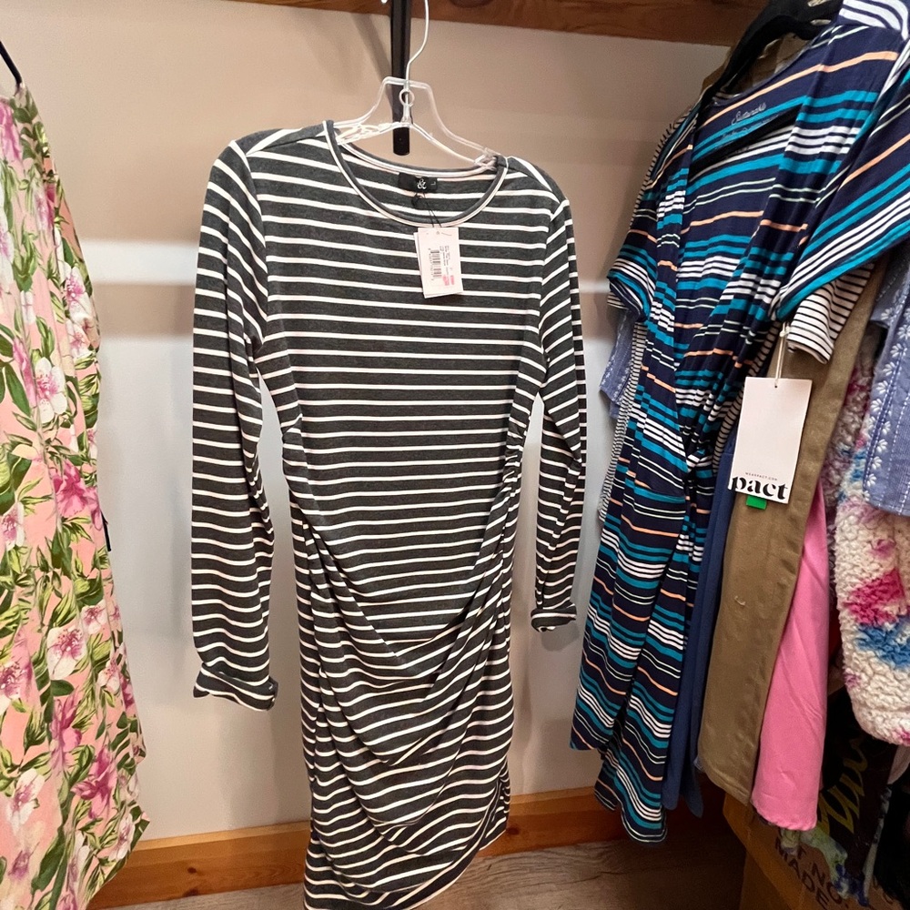 AMPERSAND AVE Gray & White Striped Long-Sleeve Ruched Midi Dress